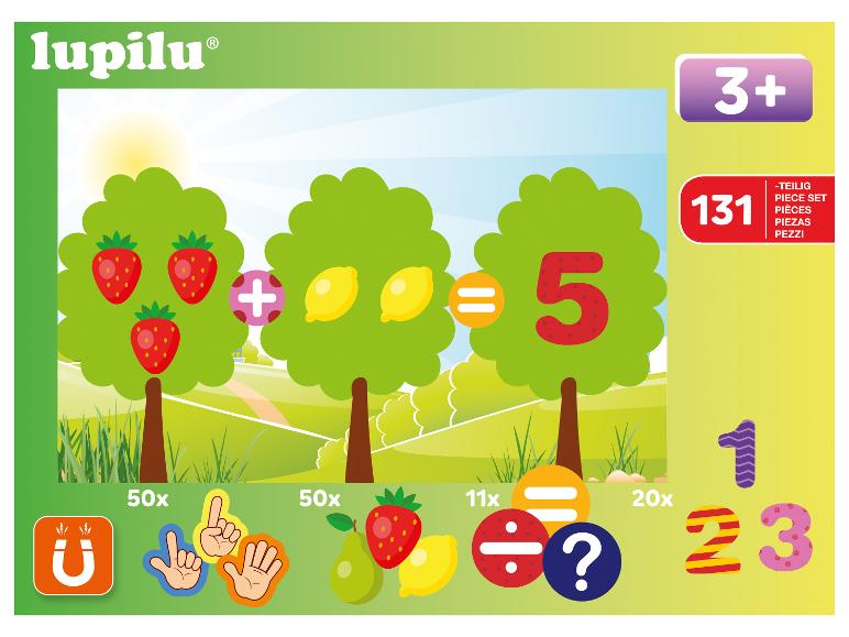 Wiskundeleerset met 131 onderdelen, inclusief fruit, cijfers en symbolen.