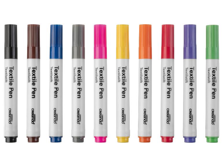 Tien Crelando textiel stiften in verschillende kleuren.