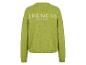 Groene gebreide trui met de tekst 'TRENESS BLUE' op de rug.