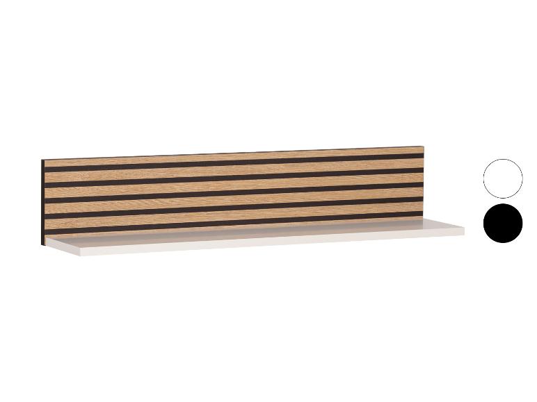 Wandplank met houten latten en zwarte achtergrond, met witte en zwarte kleuropties.