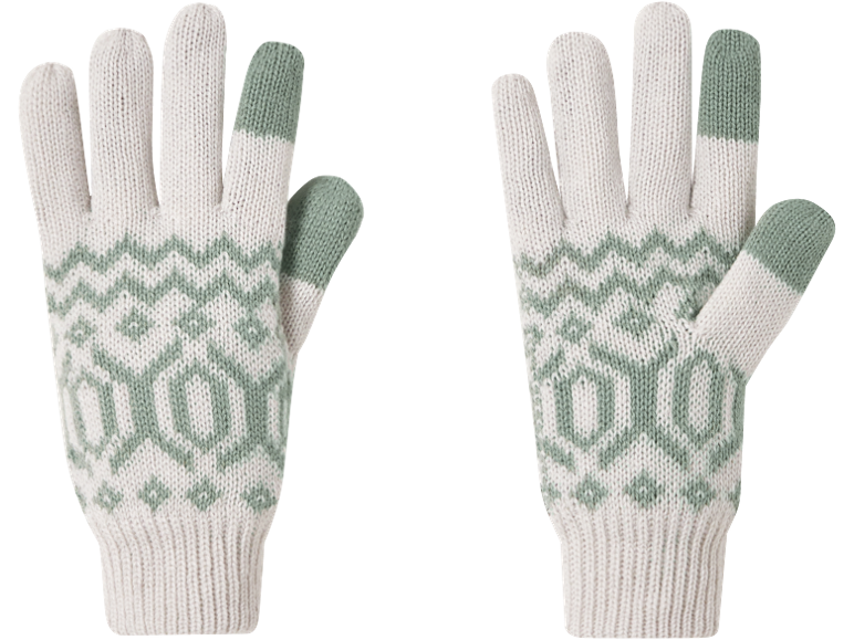 Paar witte gebreide handschoenen met groene geometrische patronen en touchscreen-vingertoppen.