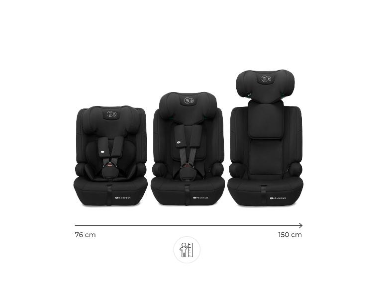 Drie zwarte kinderautostoeltjes, met aanpassingen van 76 cm tot 150 cm.