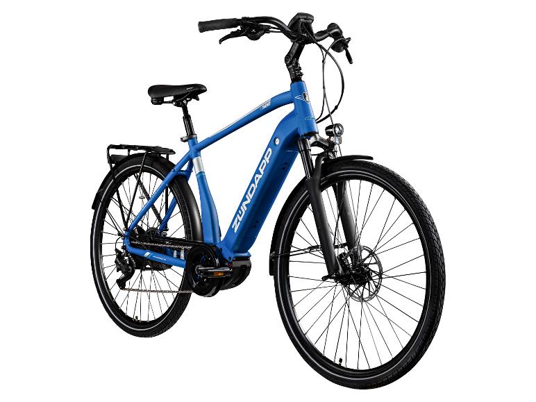 Blauwe Zündapp X500 elektrische fiets met bagagedrager en schijfremmen.