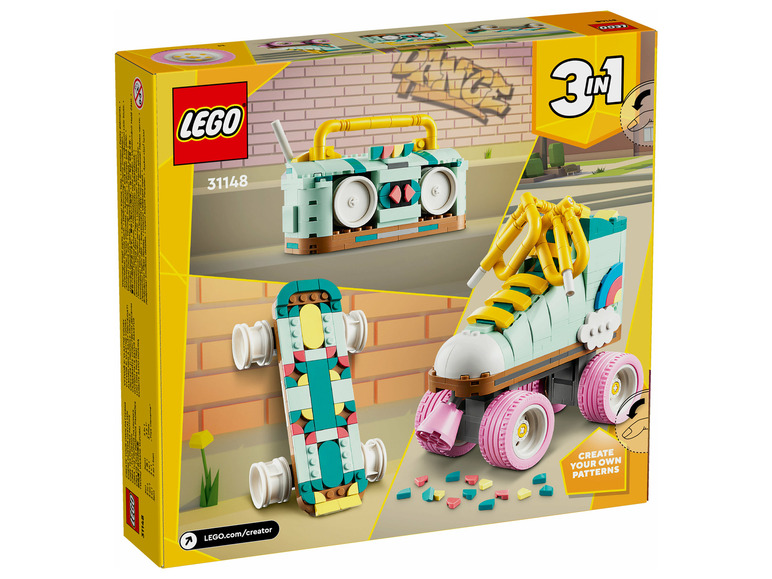 LEGO Creator 3-in-1 set met een skatebord, een roller skate en een radio.