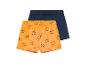 Twee baby shorts: een oranje met tijgerprint, een donkerblauwe effen.