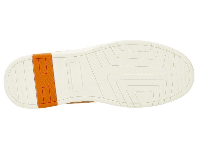 Beige schoenzool met een profielpatroon en een oranje inzetstuk bij de hiel.