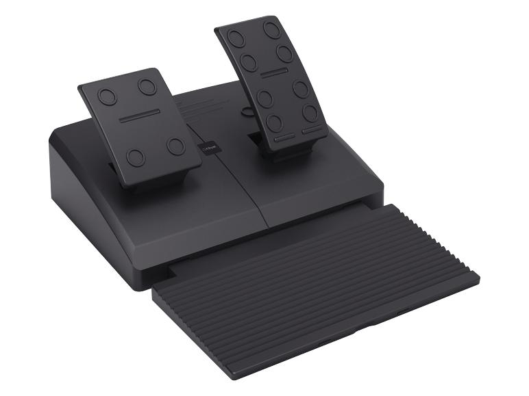 Zwarte gaming pedaalset met twee pedalen en een voetsteun, schuin aanzicht.