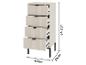 Hoge, smalle ladekast met 4 lichtbeige lades, zwarte handgrepen en poten, afmetingen 84.9x40x33cm.