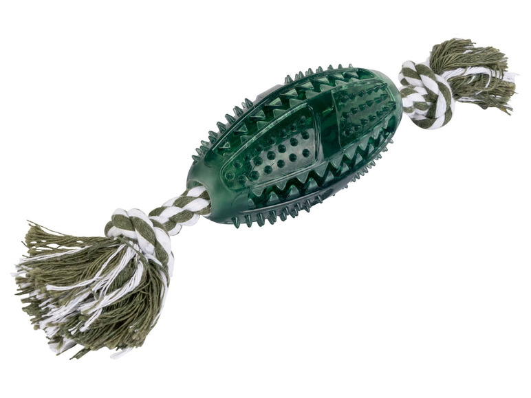 Een groen rubberen honden speeltje met touw