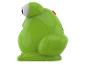 Groen kikker-vormig speelgoed of decoratief item met een rode knop op de rug.