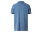 Blauw poloshirt met korte mouwen, gestreepte kraag en manchetten, achteraanzicht.