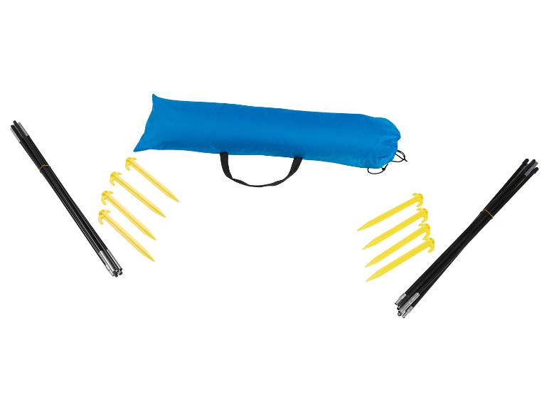 Set van zwarte tentstokken, 8 gele haringen en een blauwe draagtas