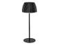 Zwarte vloerlamp met geplooide lampenkap en ronde voet.