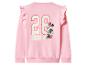 Roze sweatshirt met lange mouwen, ruches op de schouders en een Minnie Mouse-print met het nummer 28.