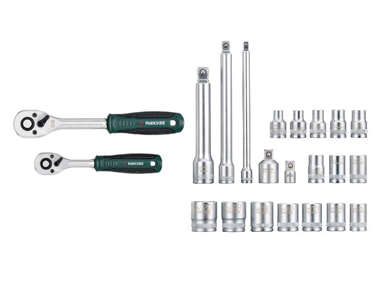 PARKSIDE ratelsleutelset met diverse doppen en verlengstukken.