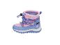 Roze en blauwe waterdichte kinderwinterlaars met sneeuwvlokmotief.