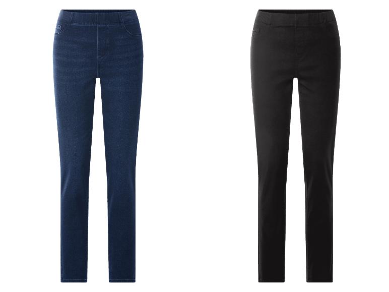 Twee dames jeggings: één donkerblauwe en één zwarte.