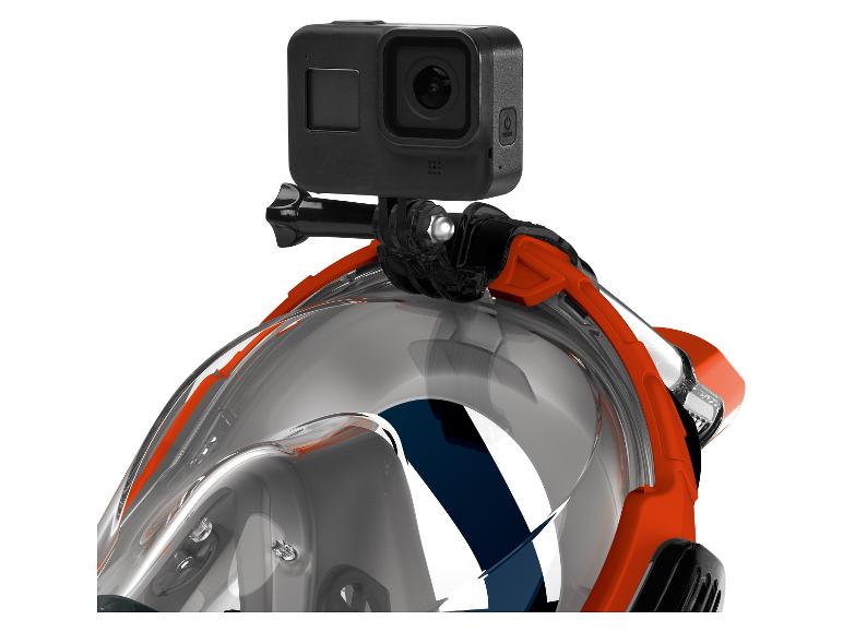 GoPro bevestigd op een oranje duikmasker.
