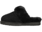 Zwarte pantoffel met imitatiebont details en een dikke zool.