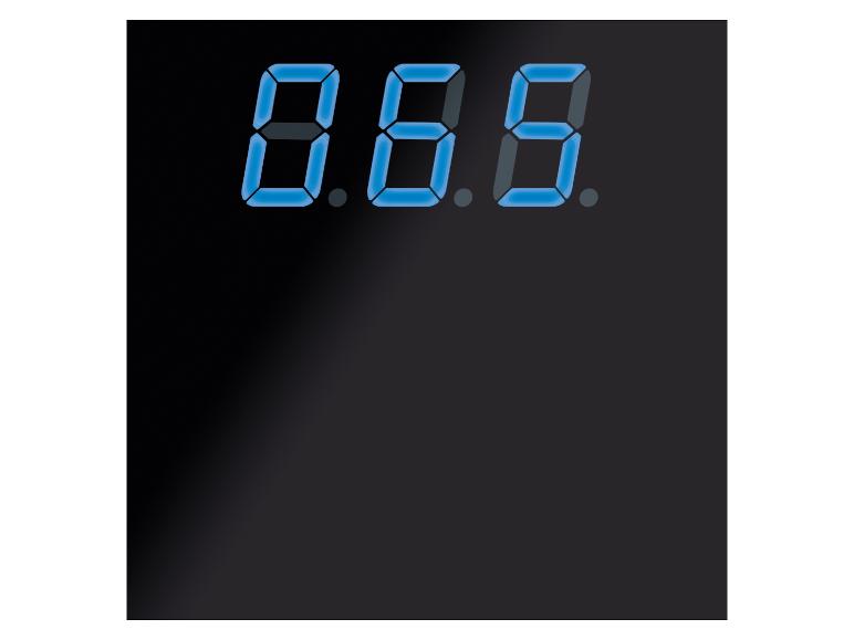 Digitaal display met drie helderblauwe cijfers op een zwarte achtergrond.