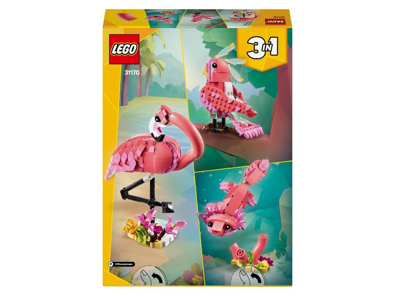 LEGO Creator 3-in-1 doos met flamingo-, papegaai- en axolotlmodellen.