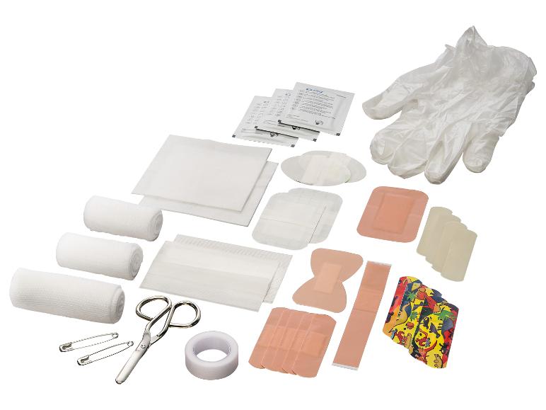 Pleisters, verbanden, gaasjes, handschoenen en schaar: EHBO-kit.