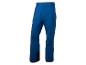 Blauwe skibroek met zwarte details en ritsen.