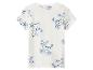 Wit T-shirt met blauwe print van honden op een skateboard.
