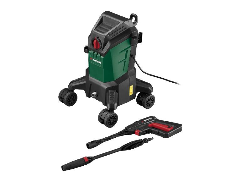 Hogedrukreiniger met spuitpistool en mondstukken.