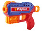 Blauwe en rode Playtive speelgoedpistool met oranje details.
