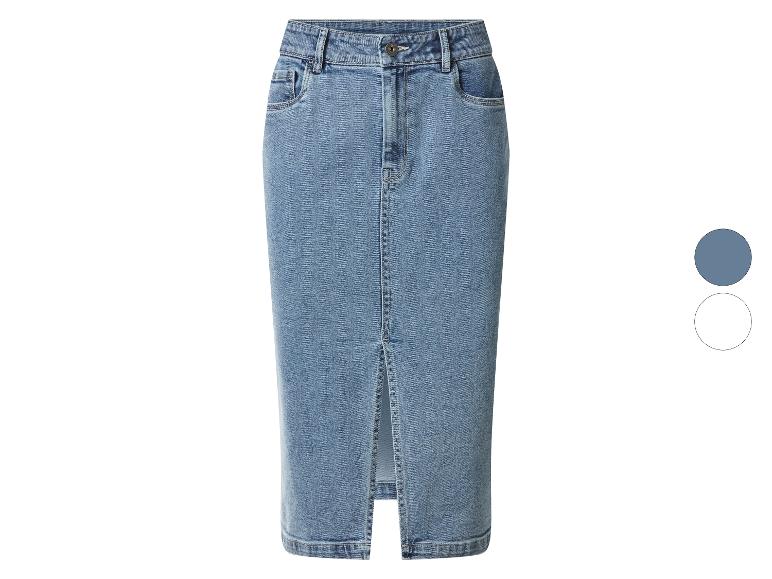 Lange denim rok met split aan de voorkant, verkrijgbaar in twee kleuren.