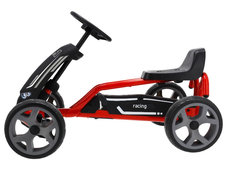 Rode en zwarte kinder skelter met 'racing' tekst.