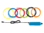 Blauwe 3D-pen met USB-kabel en gekleurde filamenten (geel, blauw, rood, groen, zwart, oranje).