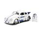 Witte speelgoedauto met blauwe accenten en een klein R2-D2 speelgoedfiguur