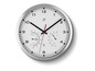 Een ronde zilveren klok met een thermometer en hygrometer.