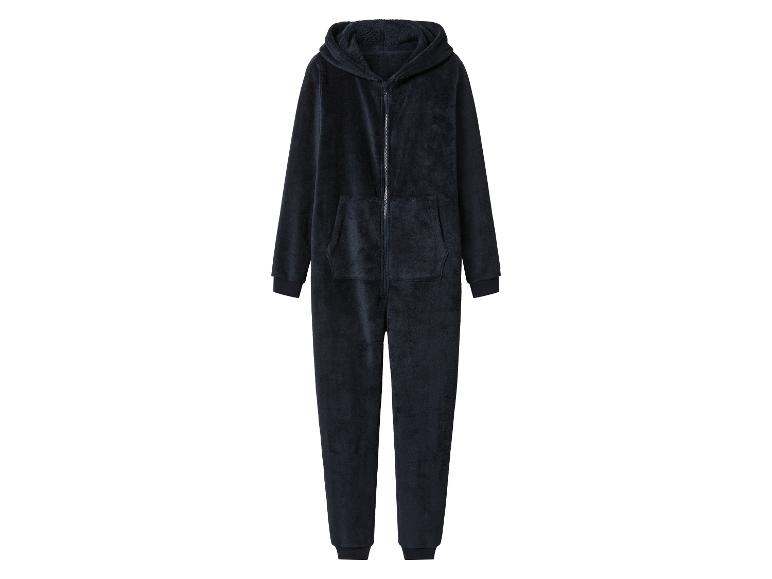 Donkere, zachte jumpsuit met capuchon en rits.
