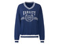 Een donkerblauwe sweatshirt met witte varsity-stijl tekst en strepen.