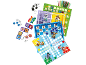 Set kinderspelletjes met kaarten, dobbelstenen, fiches en spelborden.