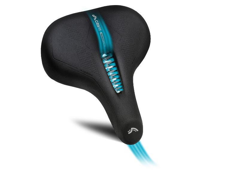 Zwart fietszadel met blauwe inzet en tekst