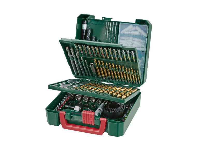 Parkside boor- en accessoire set in groene koffer, met gouden en zilveren boren.