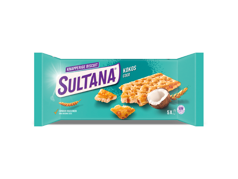 Knapperige kokosbiscuit in een turquoise verpakking