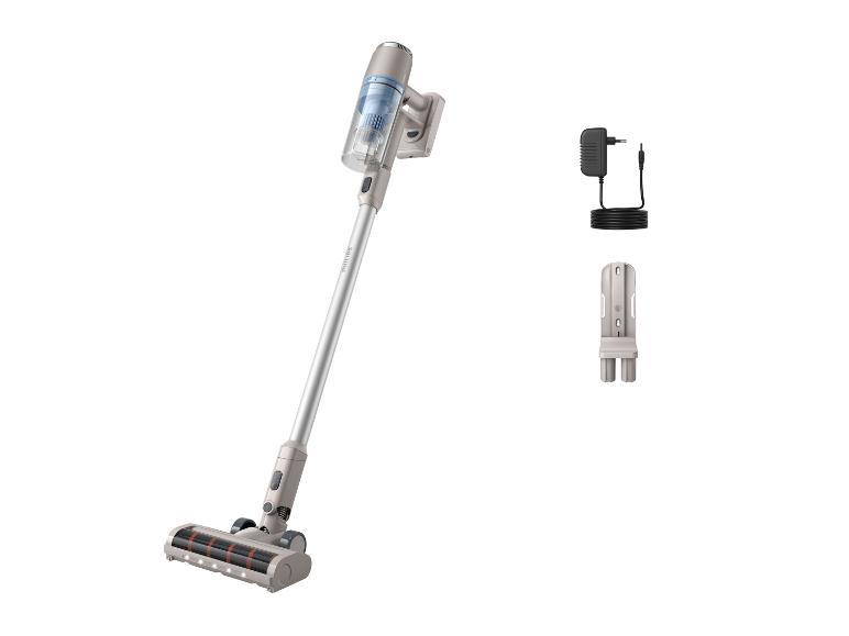 Philips stokstofzuiger: apparaat, oplader en wandhouder.