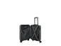 Open donkergroene hardshell koffer met uitschuifbaar handvat en interne riemen.