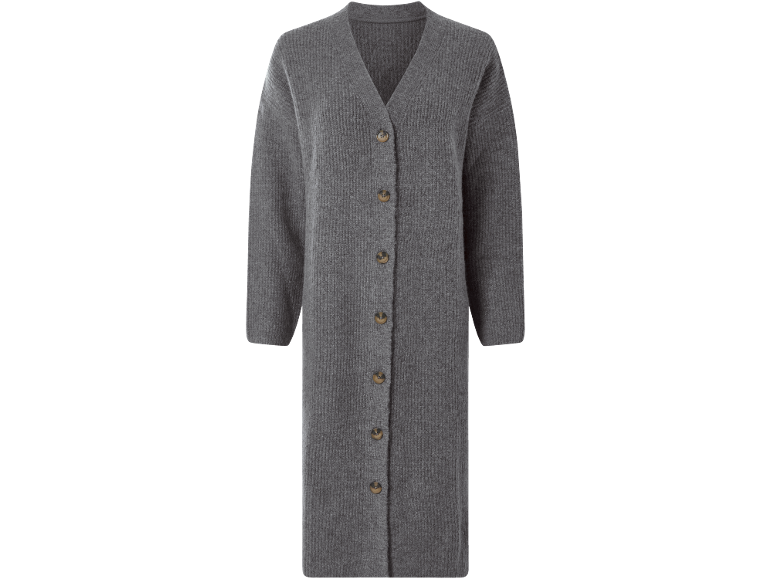 Lange grijze geribbelde cardigan met bruine knopen.