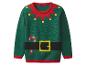 Groene kersttrui met elfen-thema, met een rode gekartelde kraag en een zwarte riem met een gouden gesp.