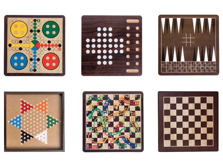 Zes houten bordspellen, waaronder Ludo, Backgammon en schaken.