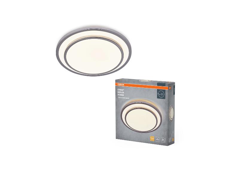 Plafondlamp en de verpakking met informatie over 2000 lm, 16 W, 3000 K.