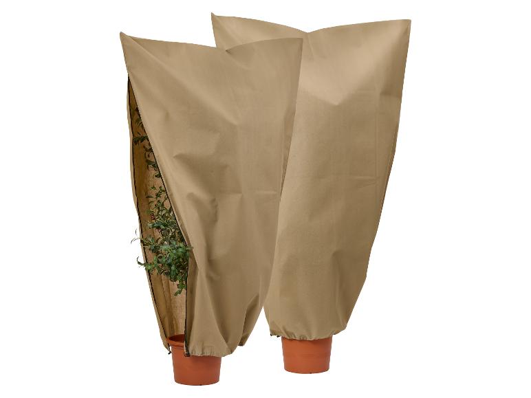 Twee bruine plantenbeschermhoezen, één open, toont een potplant.