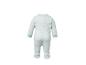 Lichtblauw en wit gestreepte baby romper, achteraanzicht.