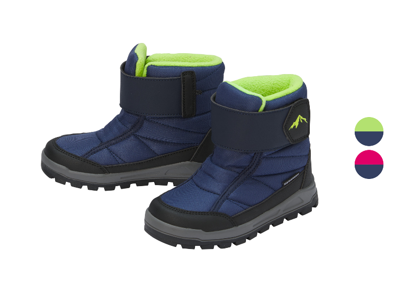 Blauwe kinderwinterlaarzen met groene voering en klittenbandsluiting, verkrijgbaar in twee kleuren.